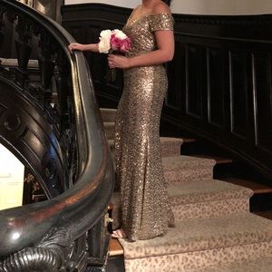 Gold Badgley Mischka Off The Shoulder Sequin Gown